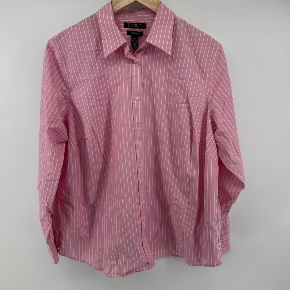 Lauren Ralph Lauren Size 1X Pink White Stripe Cotton Button Down Shirt Preppy